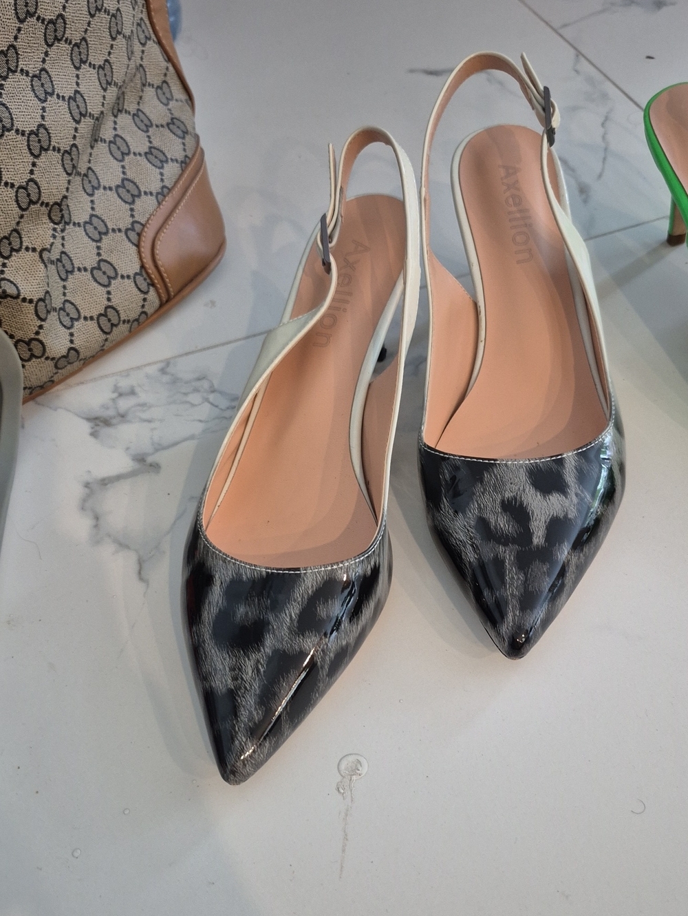 Pointed Leopard-Print Slingback Flats in Black and Cream